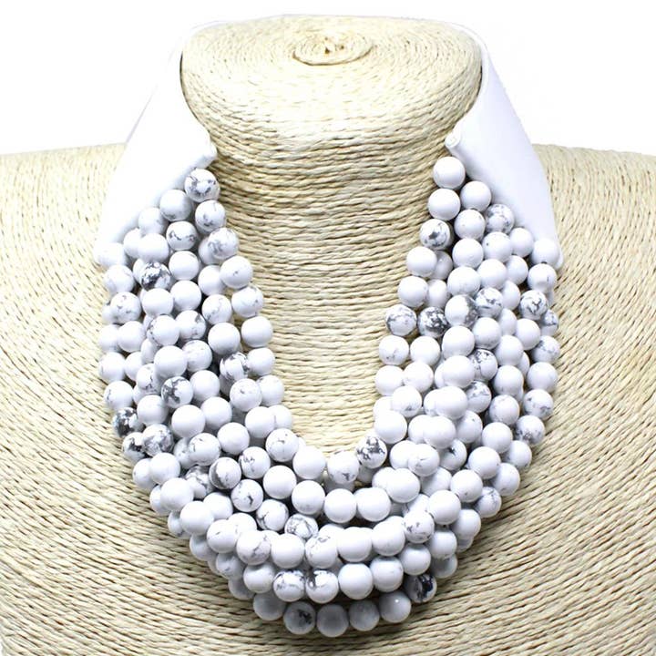 anbfashion - Wholesale Beaded/pearl necklace - FAUX LEATHER REALSTONE LAYERED BEAD CHUNKY NECKLACE