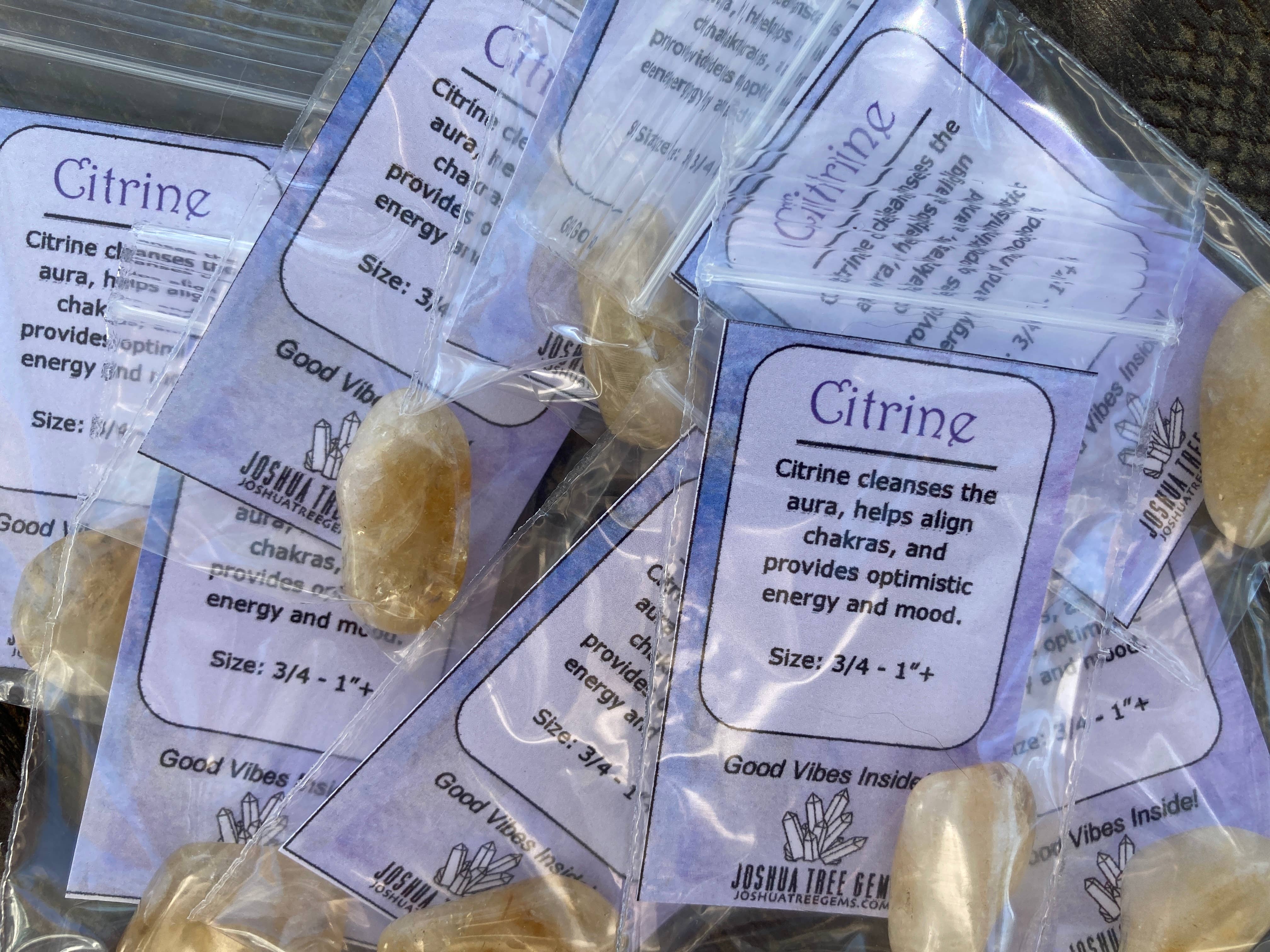 Joshua Tree Gems - Venta al por mayor Piedras/cristales espirituales - Citrino (grande) mezclado con tarjeta de propiedad metafísica3