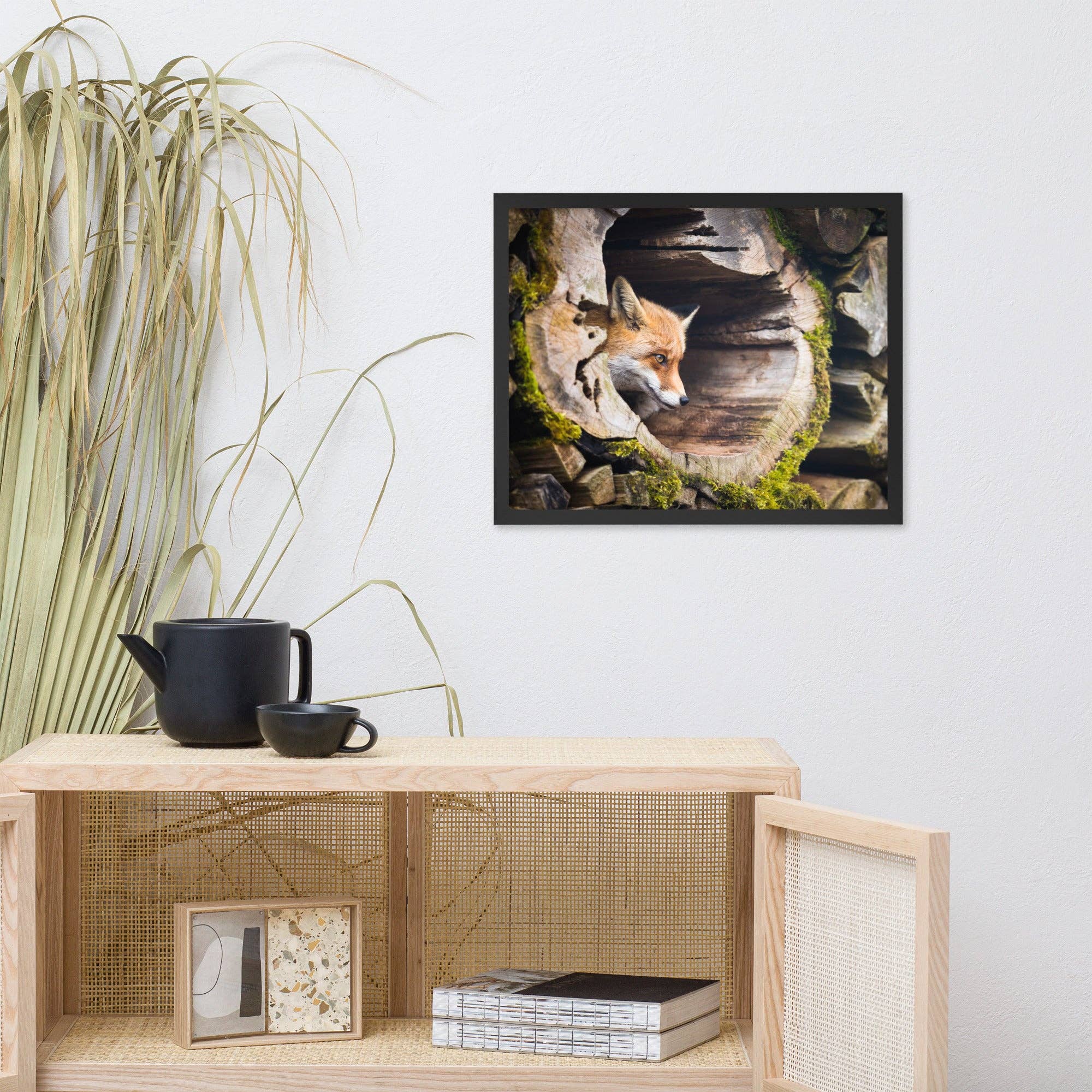 Pipa Wall Art & Home Decor - Wholesale Art Print - Young Red Fox Face In Mossy Stump Wildlife Nature Framed Art3