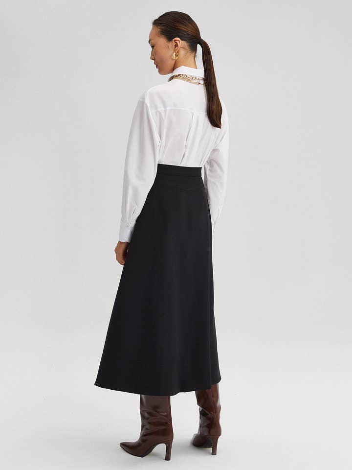 BLACK A-LINE CREPE MIDI SKIRT for wholesale on Faire