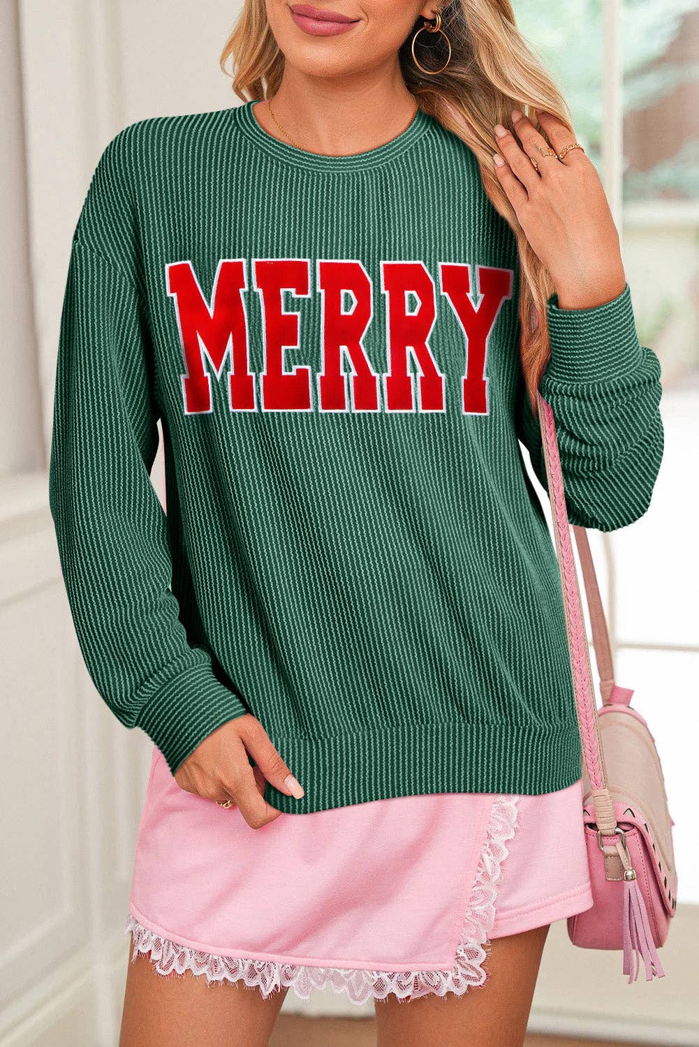 Suhkasana - Wholesale Graphic Sweatshirt - Women's - Corduroy MERRY Letter Christmas Pullover Sweatshirt14