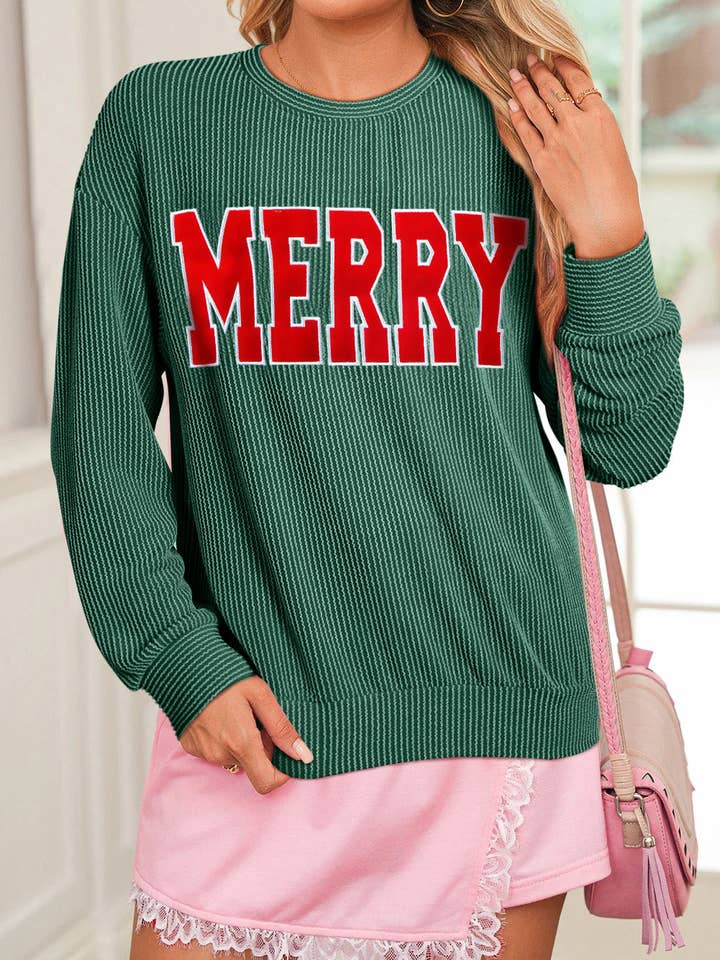 Suhkasana - Wholesale Graphic Sweatshirt - Women's - Corduroy MERRY Letter Christmas Pullover Sweatshirt14