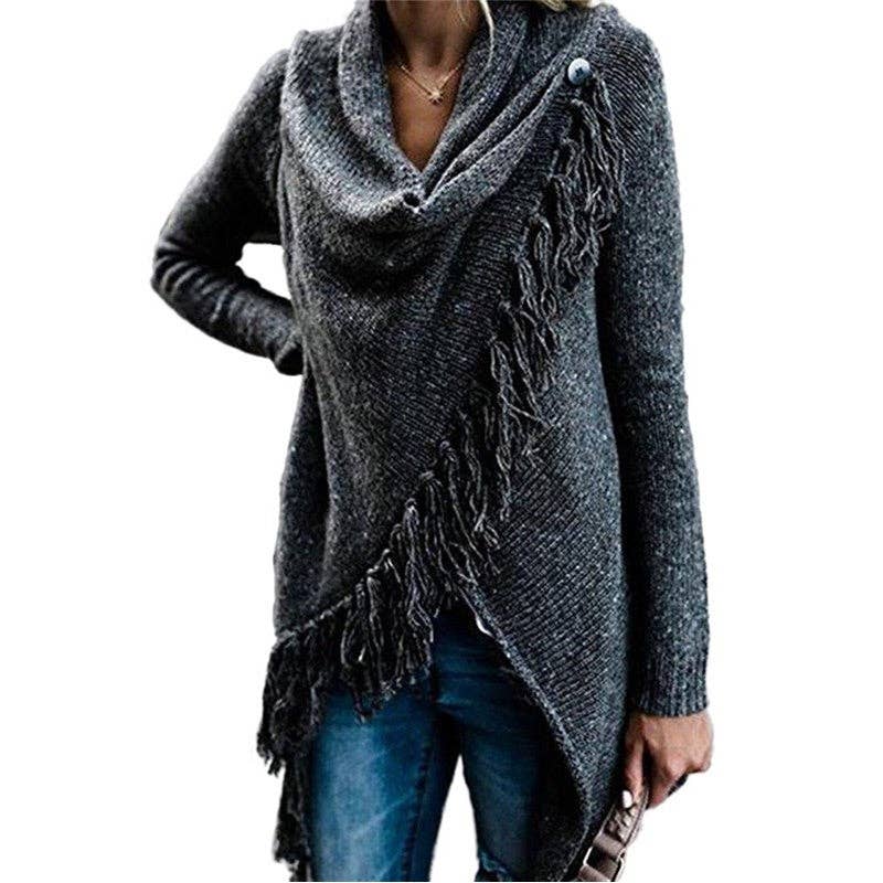 Mirazshoes WholeSale – wholesale Cardigan – Women’s – Long Sleeves Solid Color Tassel Loose Knitted Cardigan Outerwear1