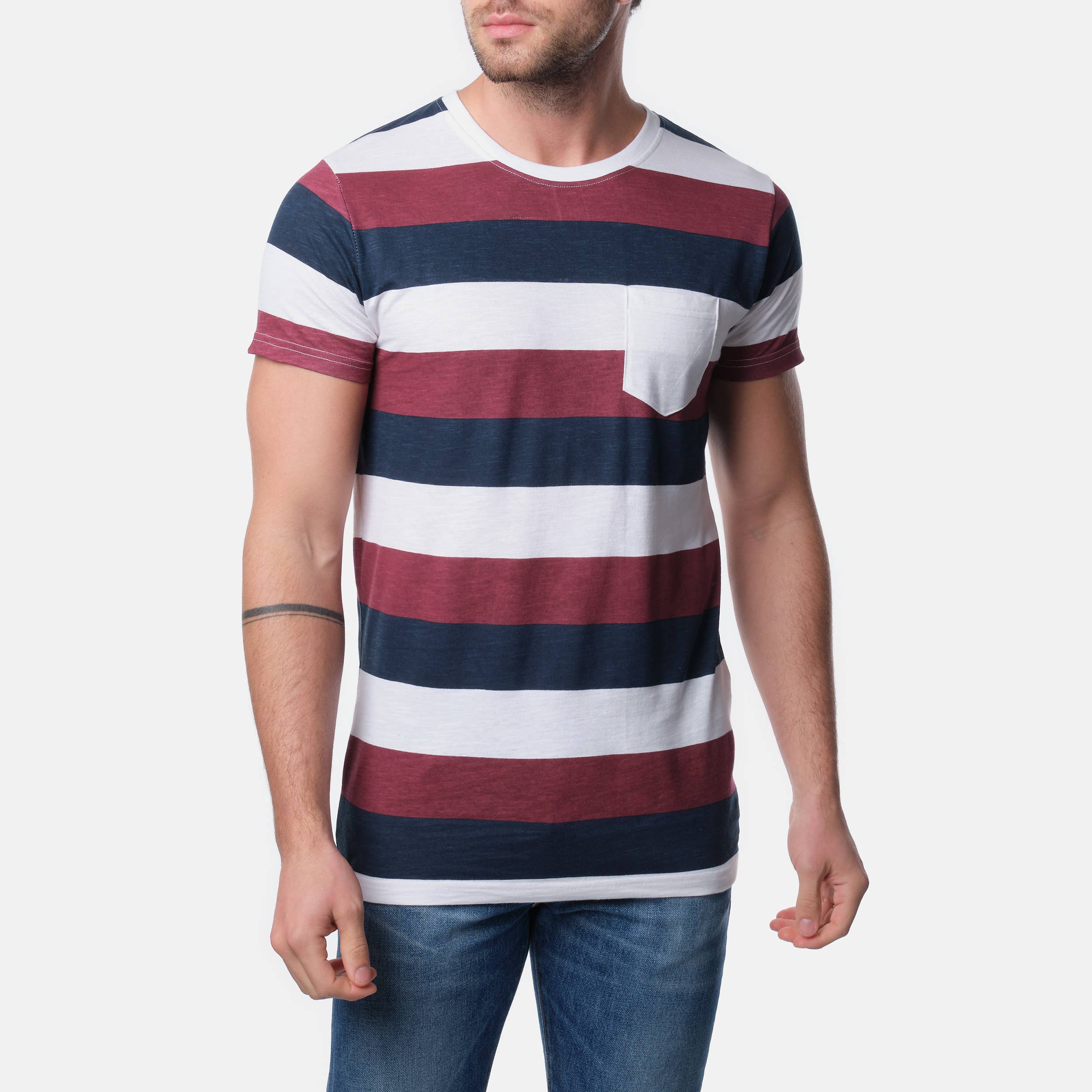 BURGUNDY TURQUOISE Men's striped short sleeve t-shirt for wholesale on Faire0