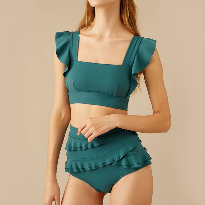 Visual Mood - Wholesale Two Piece Swimsuit - Women's - SERENA Ruffled Bikini Set - Hunter Green