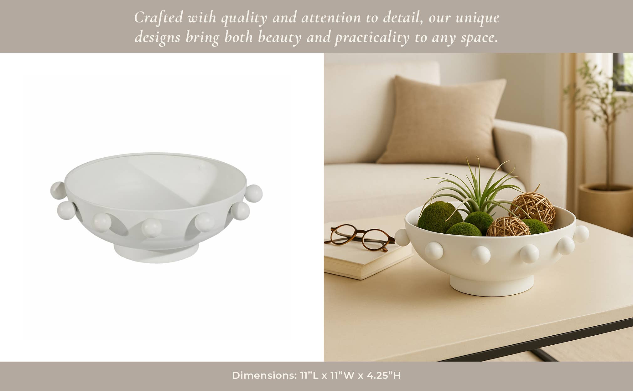 Sagebrook Home - Wholesale Decorative Plate/Dish/Bowl - Decorative Bowl - White Iron/Fir Wood Hobnail, 11 in.11