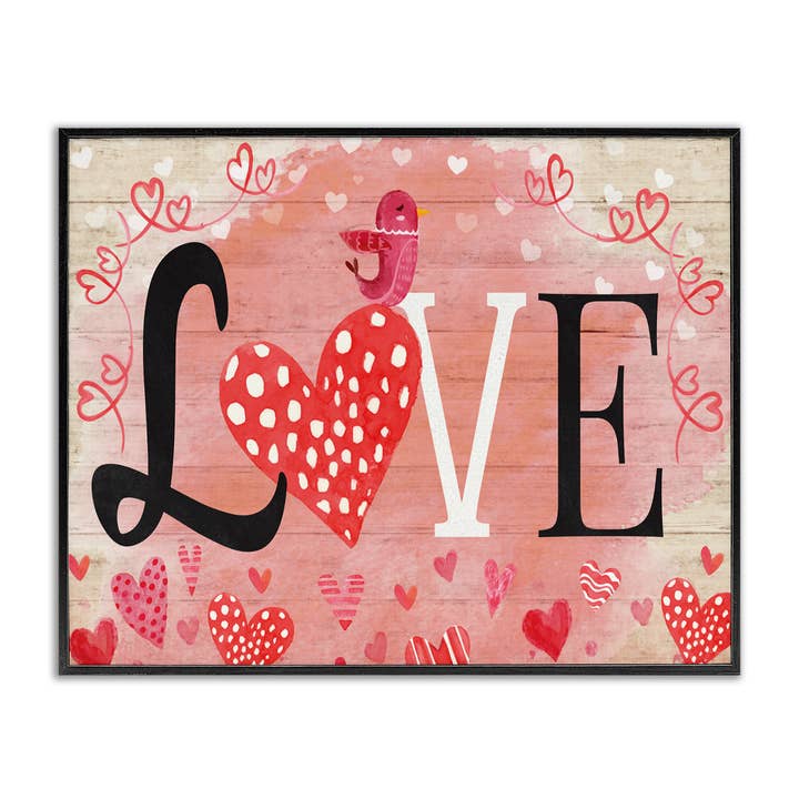 Oiseau de cœurs romantiques à motifs - Art mural encadré pour la vente par Stupell Industries
