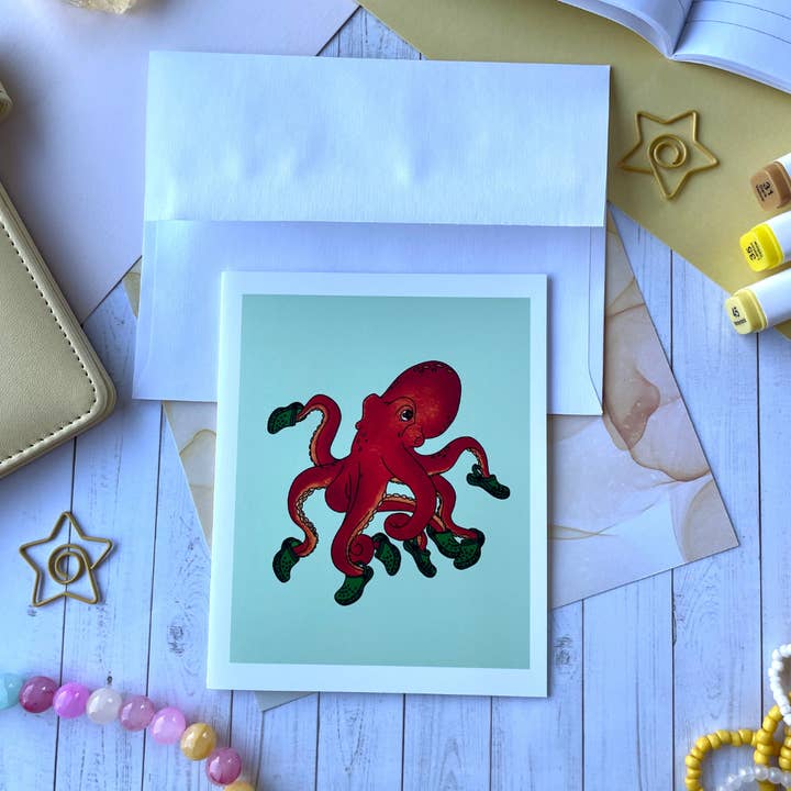 ShyShyShoppe Creations - Wholesale Stationery/Notecard Set - Octopus Wearing Shoes Crocs Ocean Life Nature Greeting Card