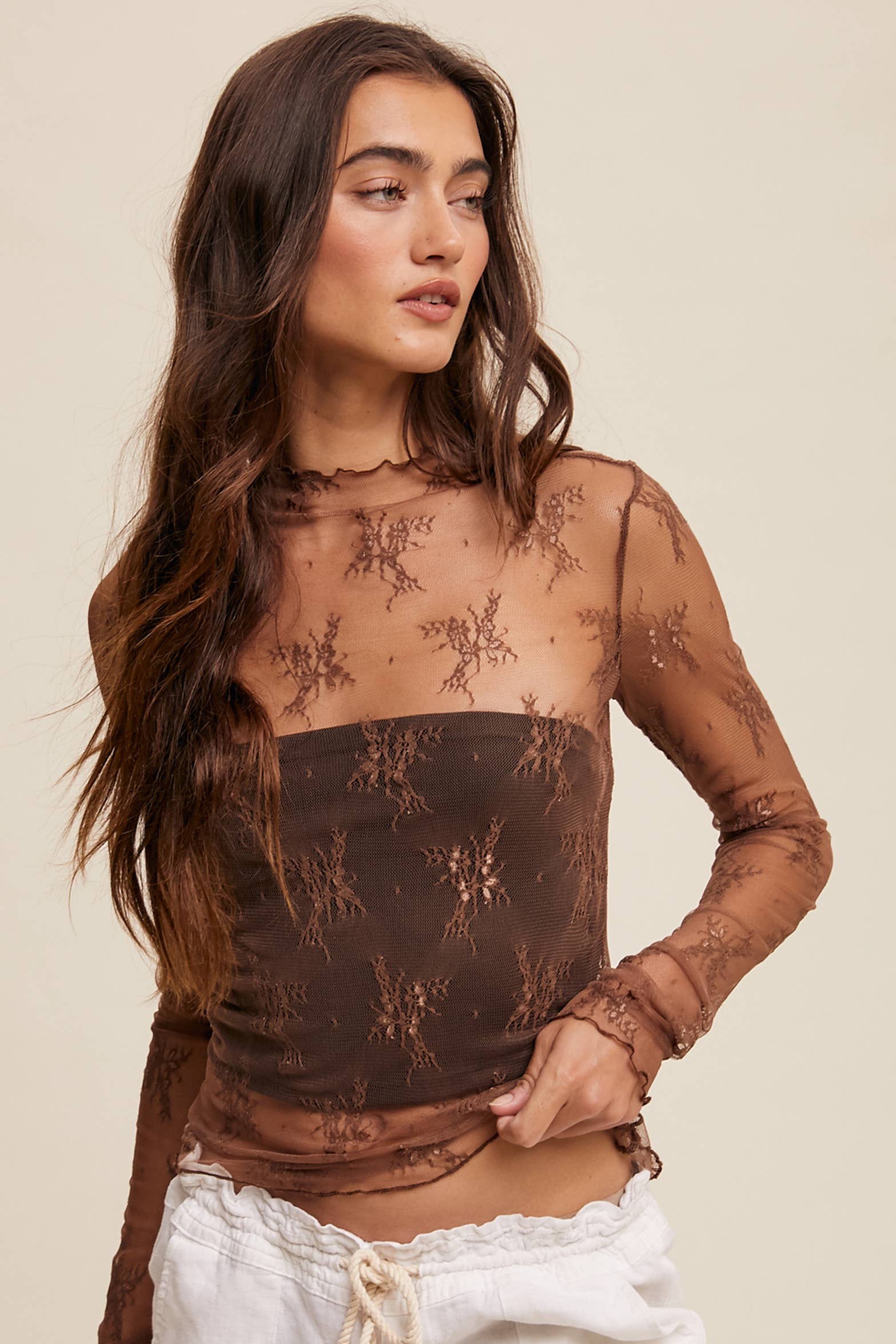 Listicle - Wholesale Blouse - Women's - Sheer Lace Long-Sleeve Top23