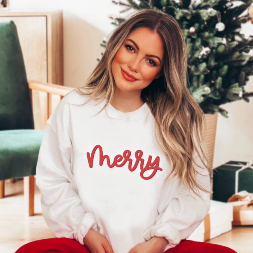 Three Girls Shop - Vente Sweat-shirt à imprimés – femme - Pull de Noël gaufré Merry Sweatshirt Puff Text0