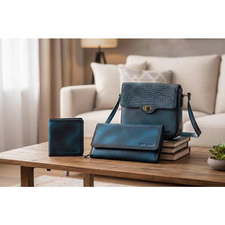 Set Essenziali in Pelle Testurizzata – Portafogli a Tracolla BluNero per la vendita all'ingrosso da parte di Alta Quero