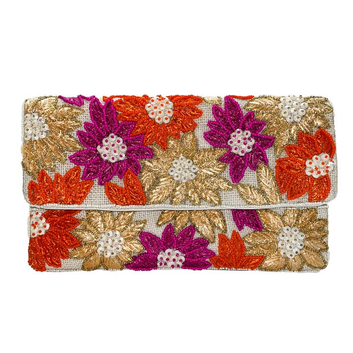 Pizzazz, Inc. - Wholesale Clutch Bag - Women's - FUCHSIA& ORANGE RAFFIA BEADED CLUTCH