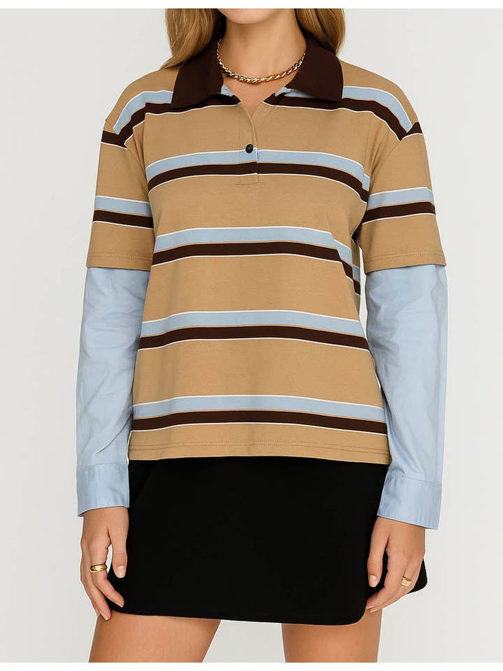 Sweetkama - Wholesale Sweatshirt - Women's - Ladies Color Block Stripe Lapel Pullover Top Everyday Sweatshirt