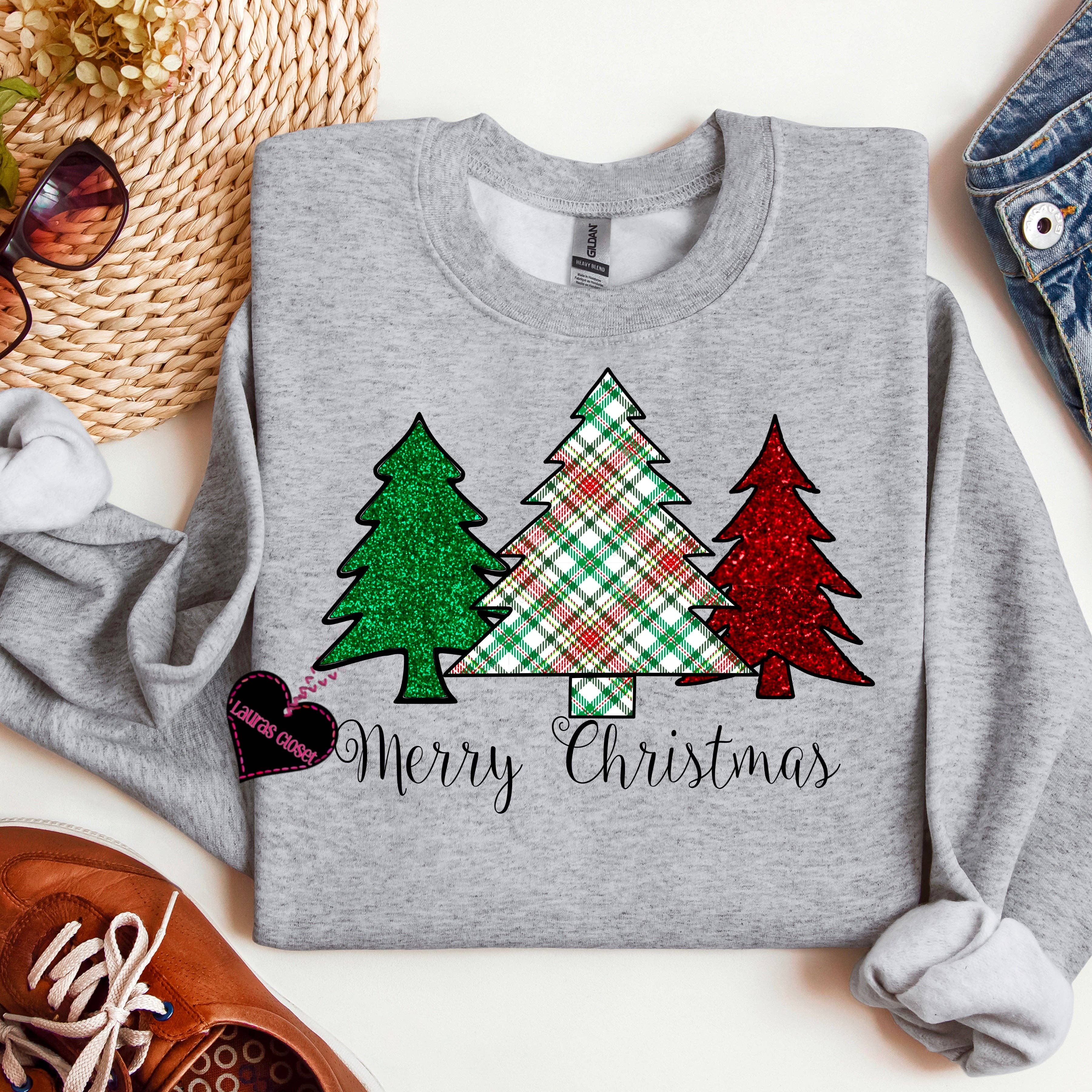 Lauras Closet – Engroshandel T-shirt med print - Dame – Plaid Glædelig Jul træer - Grafisk T-shirt1