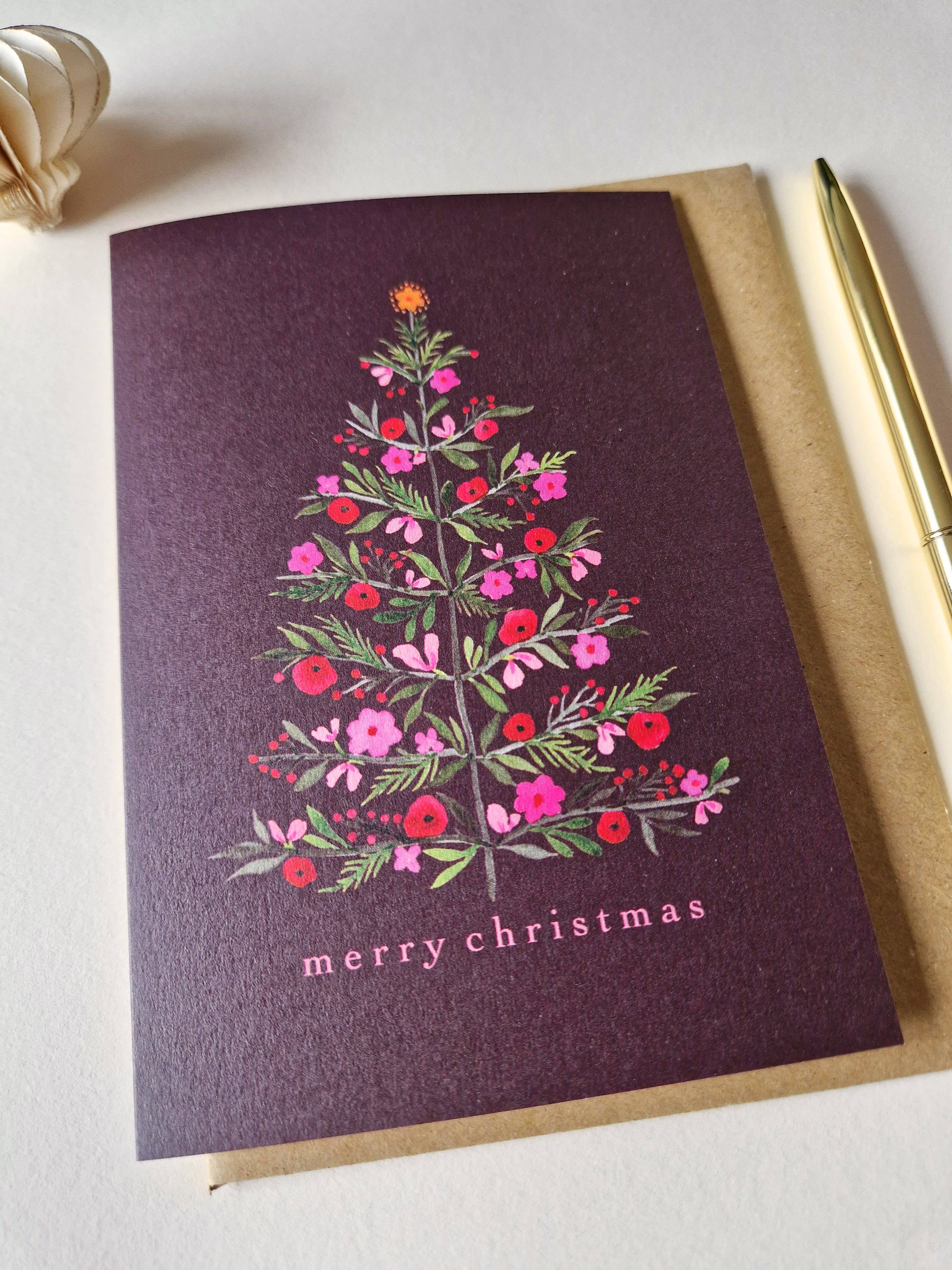 Anna Lau Art - Wholesale Christmas Card - Floral Christmas Tree - Wine Red - A6 card2