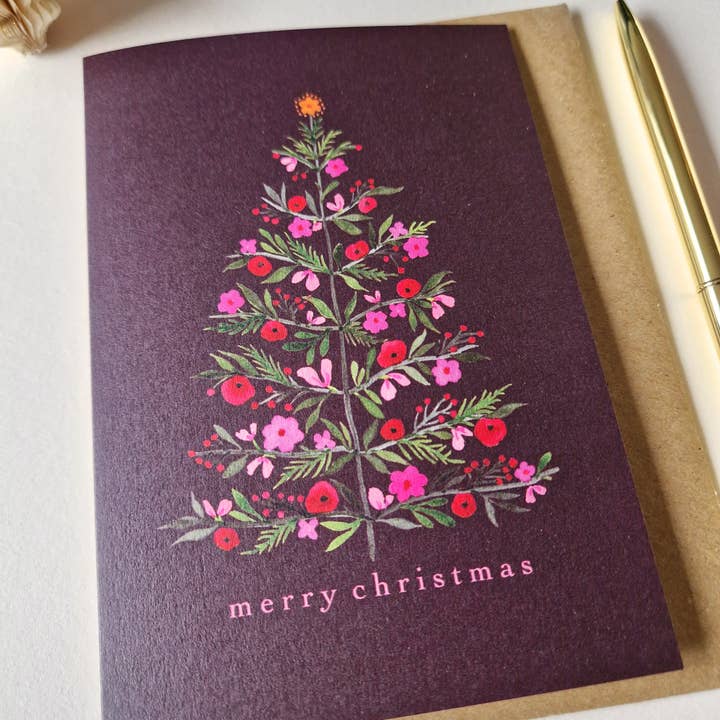 Anna Lau Art - Wholesale Christmas Card - Floral Christmas Tree - Wine Red - A6 card2