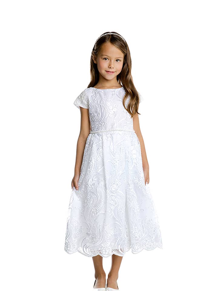 white SK946 - sequin detail floral lace with petite pearl waist for wholesale on Faire