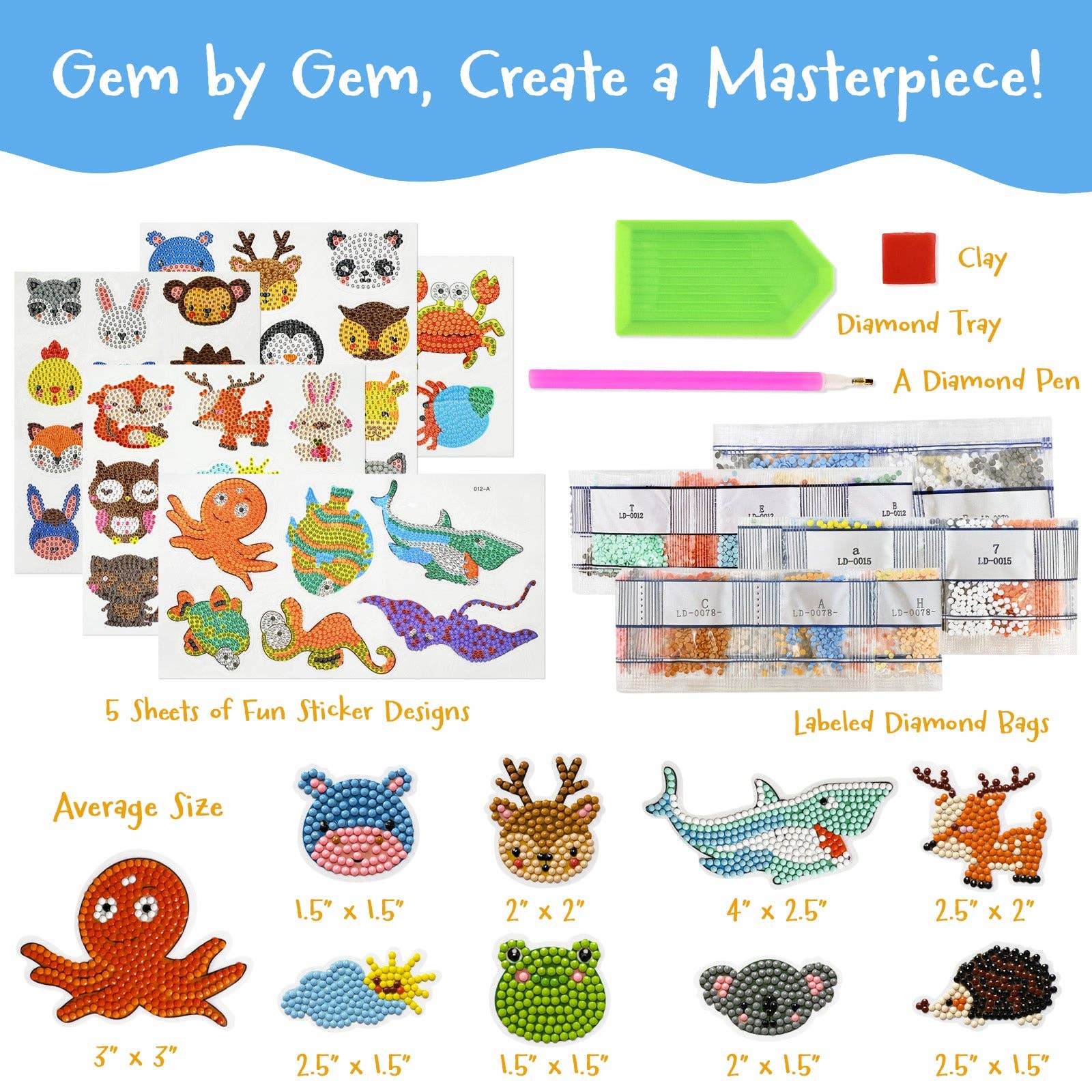 Wrapables.com - Wholesale DIY Craft Kit - Wrapables 5D Gem Painting Diamond Art Kits, 44pc Animals1