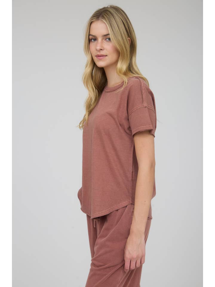 J.O.A - Wholesale Knit Top - Women's - EXPOSED SEAM RAW EDGE SHORT SLEEVE KNIT TOP21