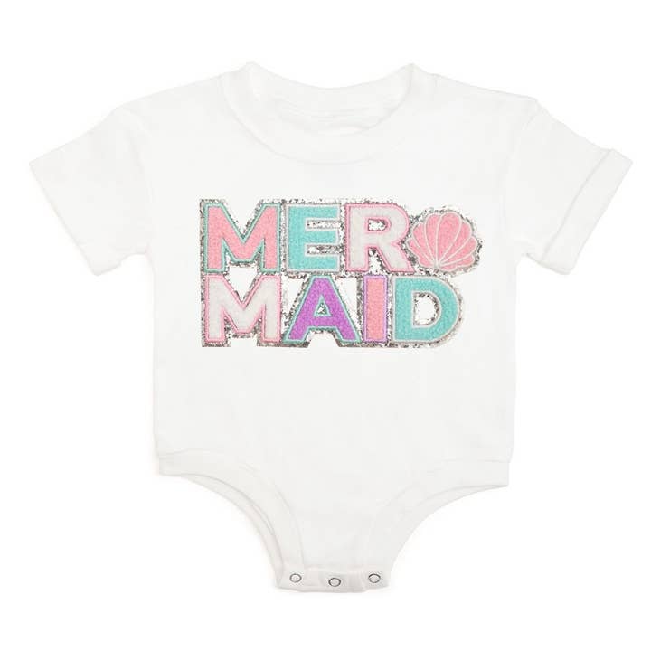 Sweet Wink - Wholesale Bodysuit (Non-Footed) - Baby - Mermaid Patch Short Sleeve Romper - White - Baby Clothes