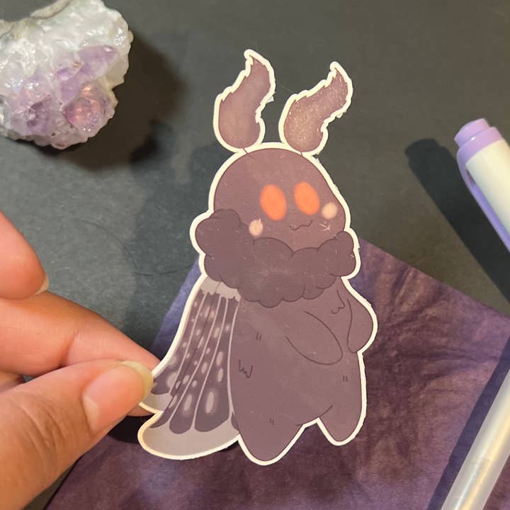 Chibi Mothman Cryptid Creature Sticker, Cute Moth-Glossy for wholesale by ChaoticPossumDesigns