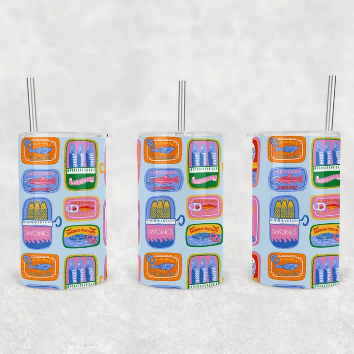 Sonny Rising – copos e garrafas térmicas por atacado – Copo Magro Infantil de 12 oz, Padrão de Lata de Sardinhas Coloridas