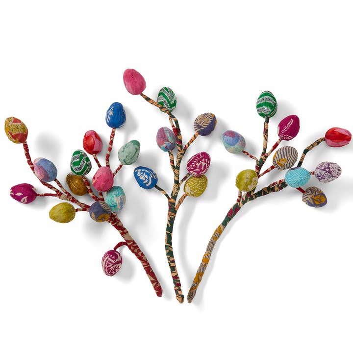SERRV International - Wholesale Artificial Plant - Upcycled Sari Remnant Easter Egg Branches - Set of 3