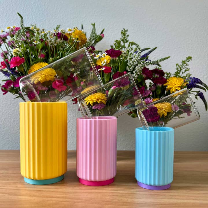 Daisy Wood Design - Wholesale Vase - Colorful Fluted Flower Vase Trio With Glass Inserts5