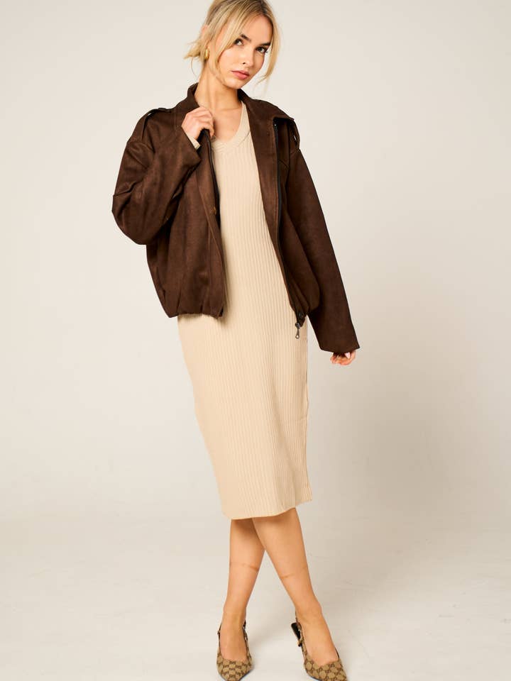 Brown Faux Suede Zip Up Bomber Jacket - Luziana for wholesale by Femme Luxe