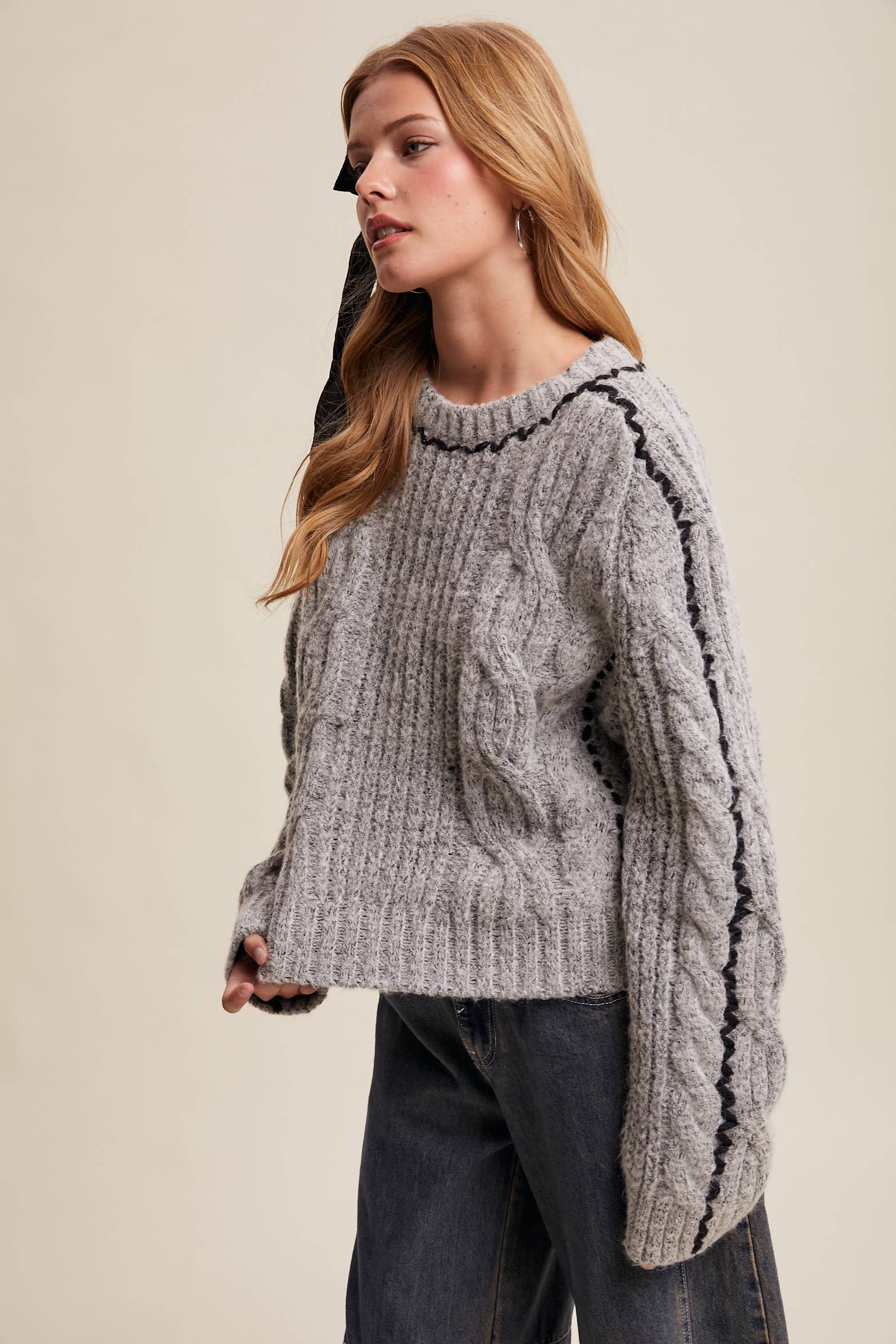 Listicle - Wholesale Knit Sweater - Women's - Contrast Stitch Cable Knit Sweater LSW1013 4