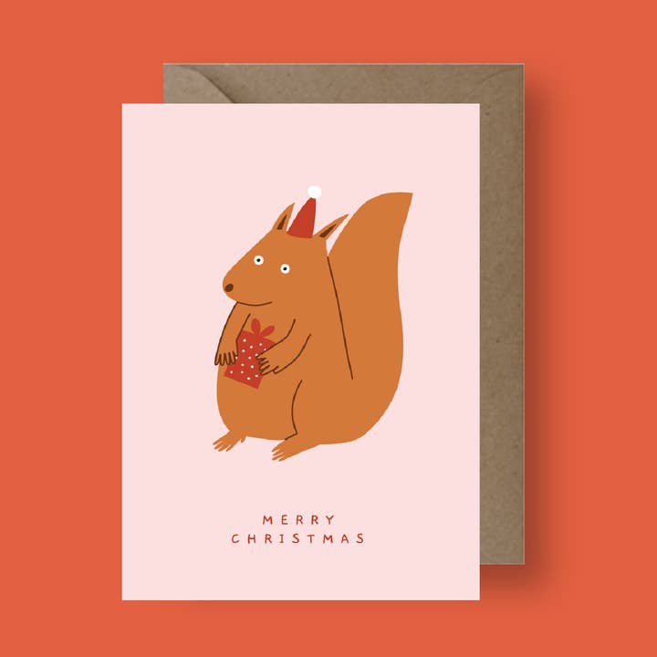 Squirrel with Present Christmas Greeting Card for wholesale by Seekprint