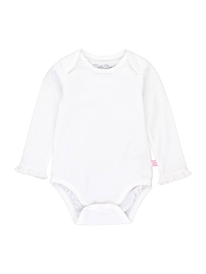 Baby Girls White Knit Long Sleeve Ruffle Bodysuit
for wholesale by RuffleButts + RuggedButts