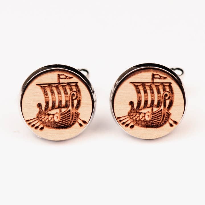 Viking Ship Cherry Wood Cufflinks - CT35129 for wholesale by Robin Valley