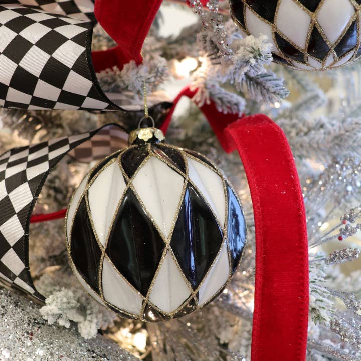 FancyFace Designs - Wholesale Ornament Set - Black & White Large Harlequin Glass Ball Ornament - Set of 6