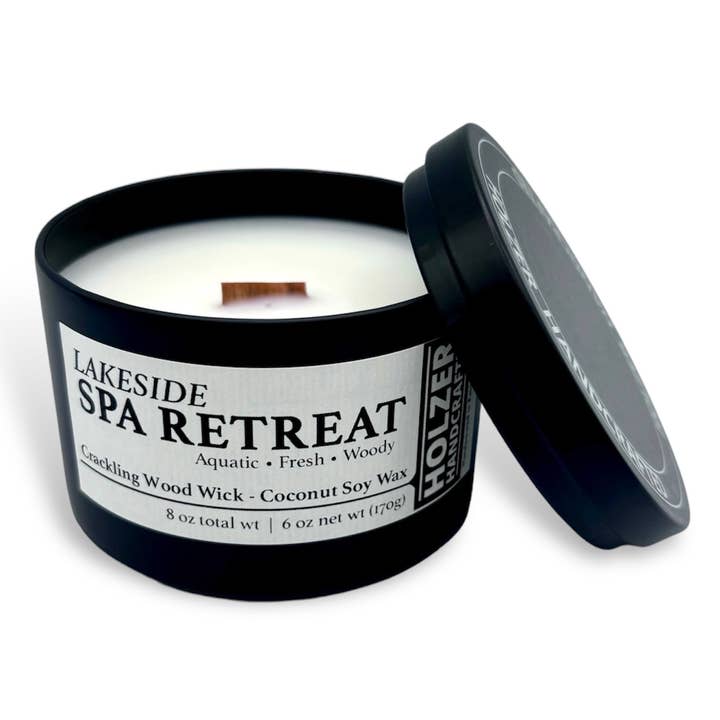 Wood Wick Candle Lakeside Spa Retreat - Driftwood + Juniper + Vetiver Scented | Natural | Hand-poured Coconut Soy Wax | 6 oz Modern Black Tin with Lid | Handmade | Non-toxic Phthalate-free Luxury Fragrance for wholesale by Holzer Handcrafted ®