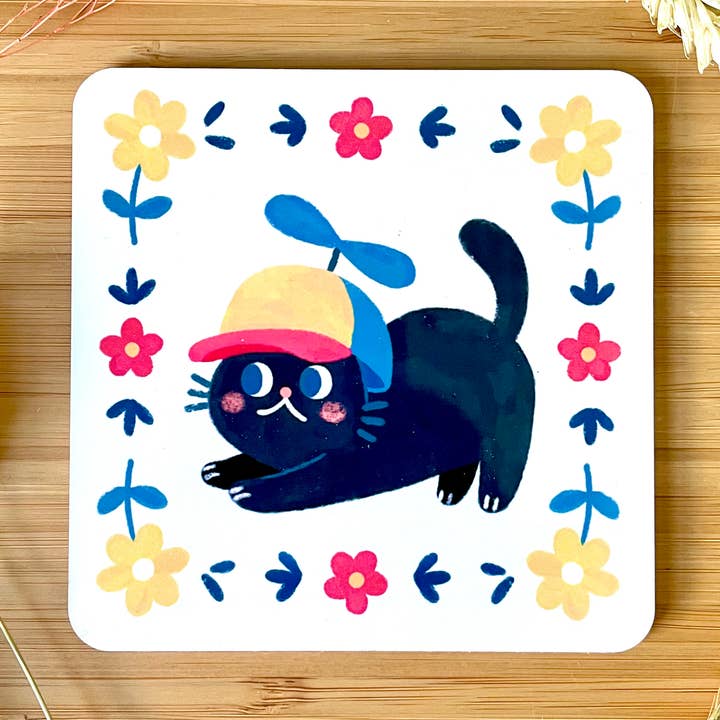 Propellor Hat Cat Coaster for wholesale by Ellen Stubbings Illustration