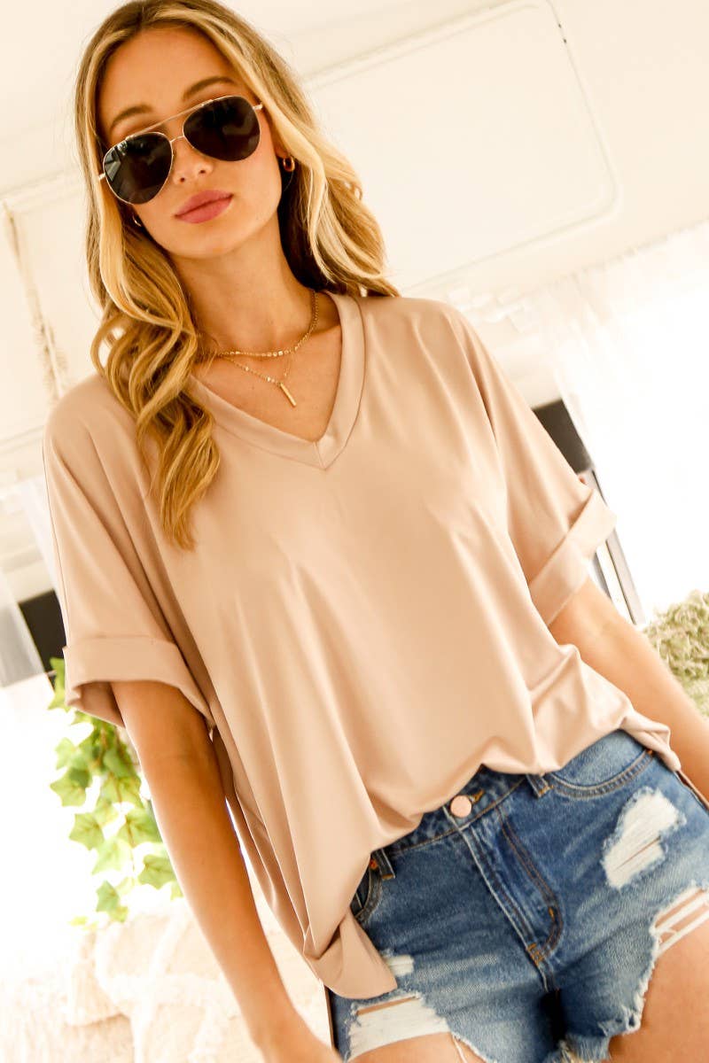 Vine & Love - Wholesale Knit Top - Women's - Short Roll-Up V-Neck Casual Knit Top  VT60441A18