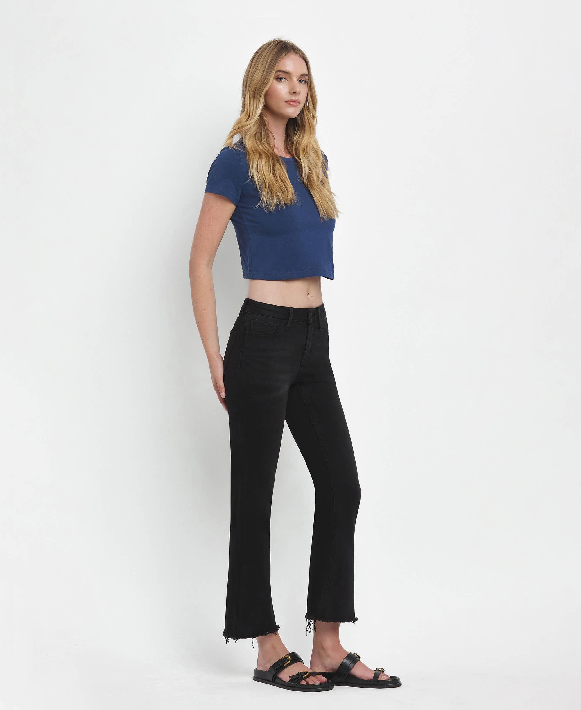 GRANDEUR MID RISE RAW DISTRESSED HEM CROP FLARE JEANS LV1145 for wholesale on Faire4