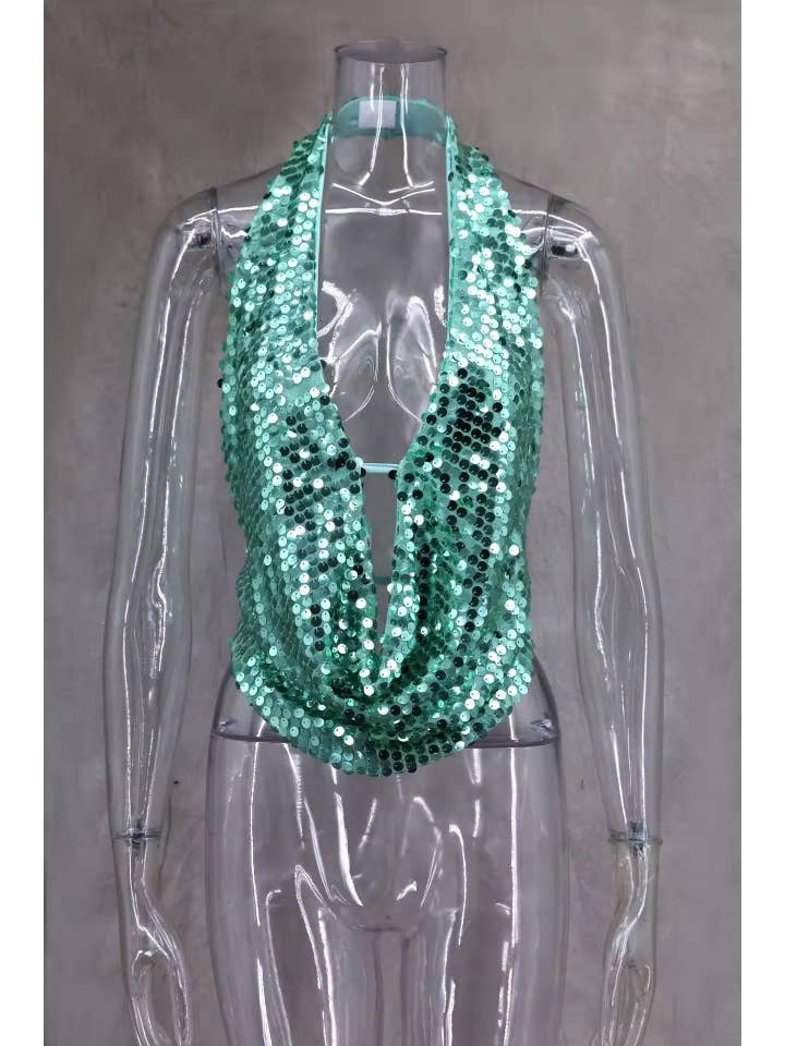 BELLISSIMA FASHION - Vente Chemisier – femme - Haut court sans manches à paillettes avec décolleté en V profond et dos nu(C)