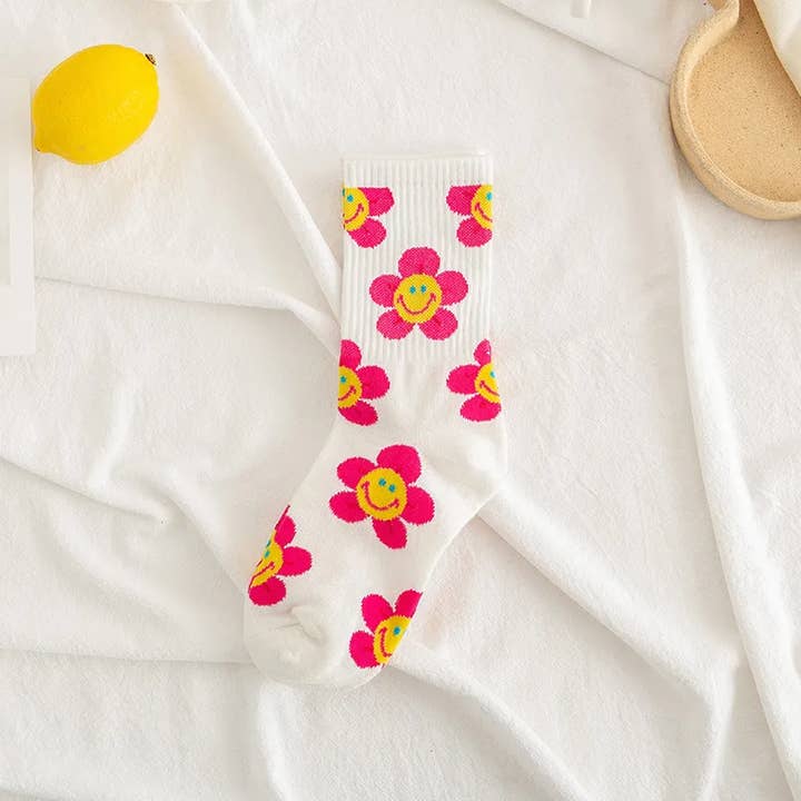 Sweet Cherry Sky - Wholesale Socks - Women's - Smiley Face Flower Socks