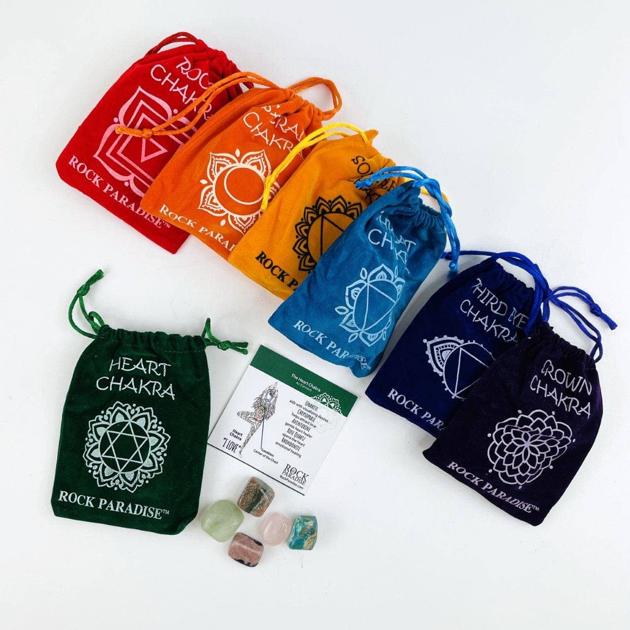 Rock Paradise - Wholesale Spiritual Stone/Crystal - Crystal Chakra Plush Pouch with Info Card & Tumbled Stones13