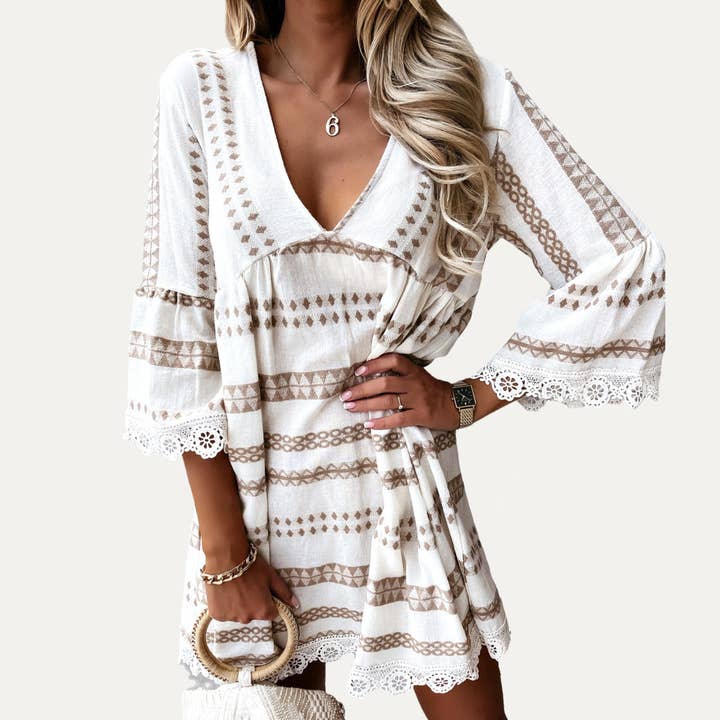 The Moment Collection - Wholesale Dress - Women's - Perfect Boho-Style Printed V-Neck Crochet Lace Mini Dress