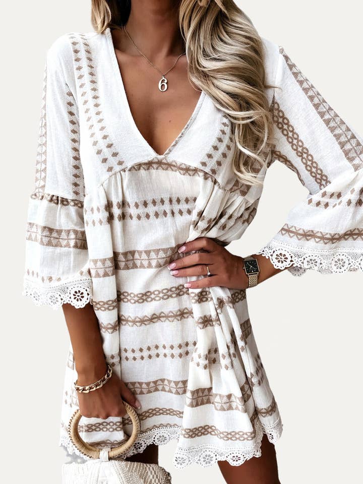 Perfect Boho-Style Printed V-Neck Crochet Lace Mini Dress and other Purchase Wholesale boho dresses. Free Returns & Net 60 Terms on Faire trending on Faire.
