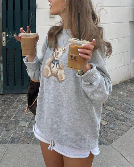 Grey Slouchy Teddy Bear Graphic Cozy Sweater for wholesale on Faire2