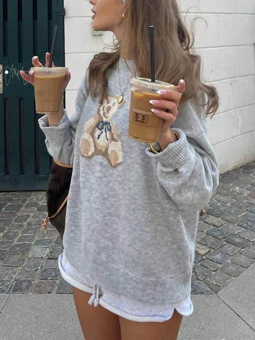 Grey Slouchy Teddy Bear Graphic Cozy Sweater for wholesale on Faire2