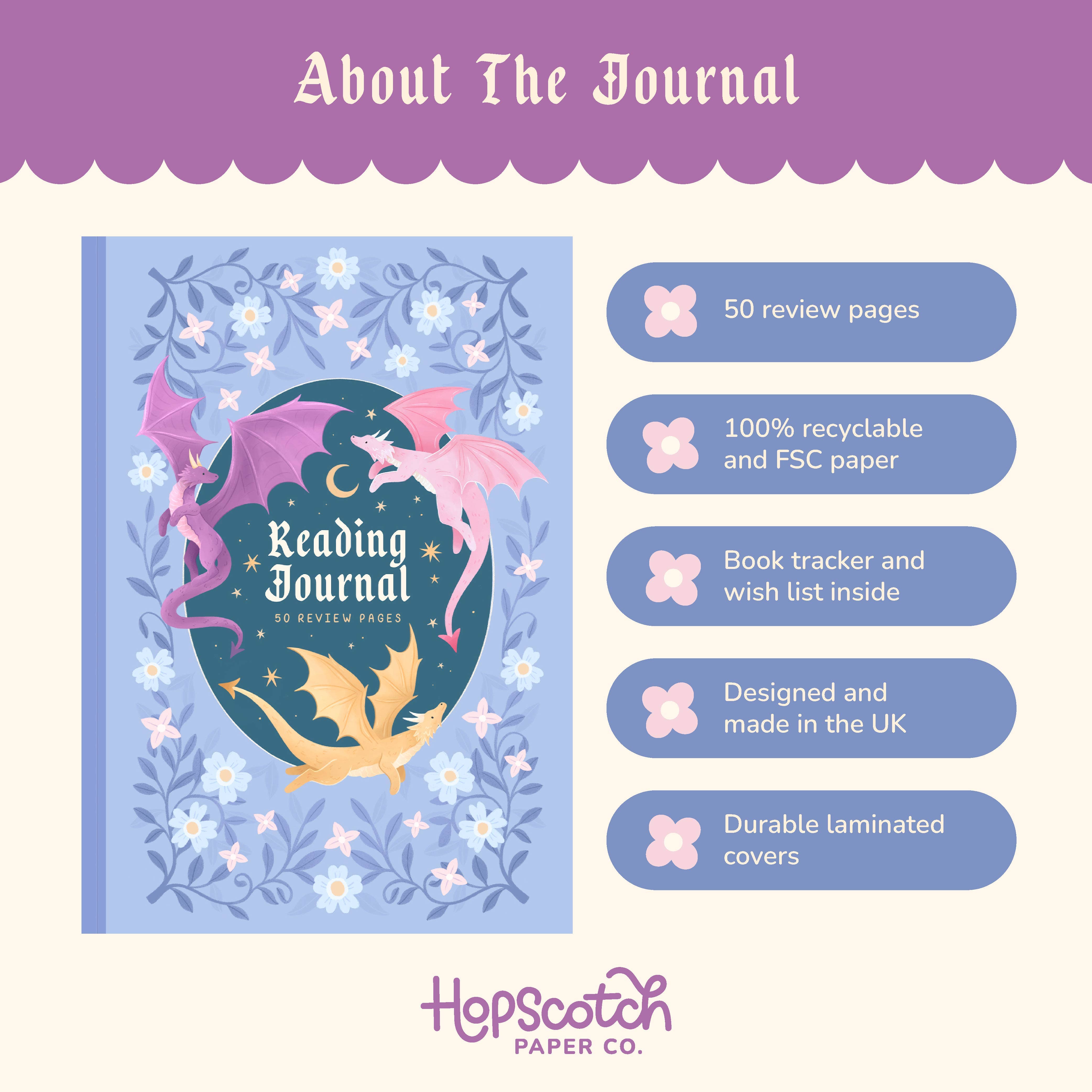 Hopscotch Paper Co. - Wholesale Journal/Diary - Reading Journal Dragon, Cosy Quest – 50 Book Review Notebook9