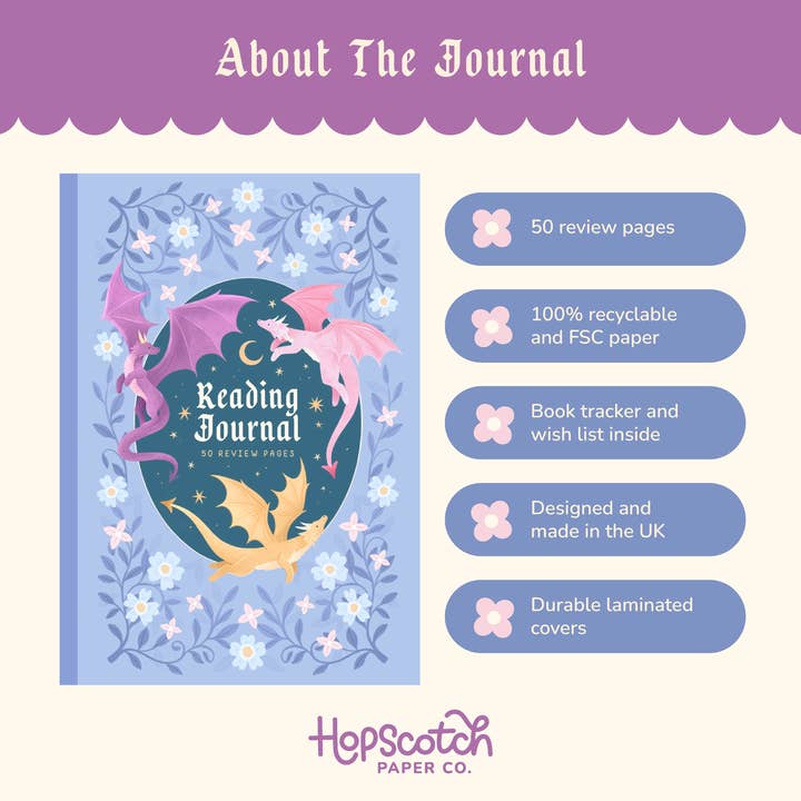Hopscotch Paper Co. - Wholesale Journal/Diary - Reading Journal Dragon, Cosy Quest – 50 Book Review Notebook9