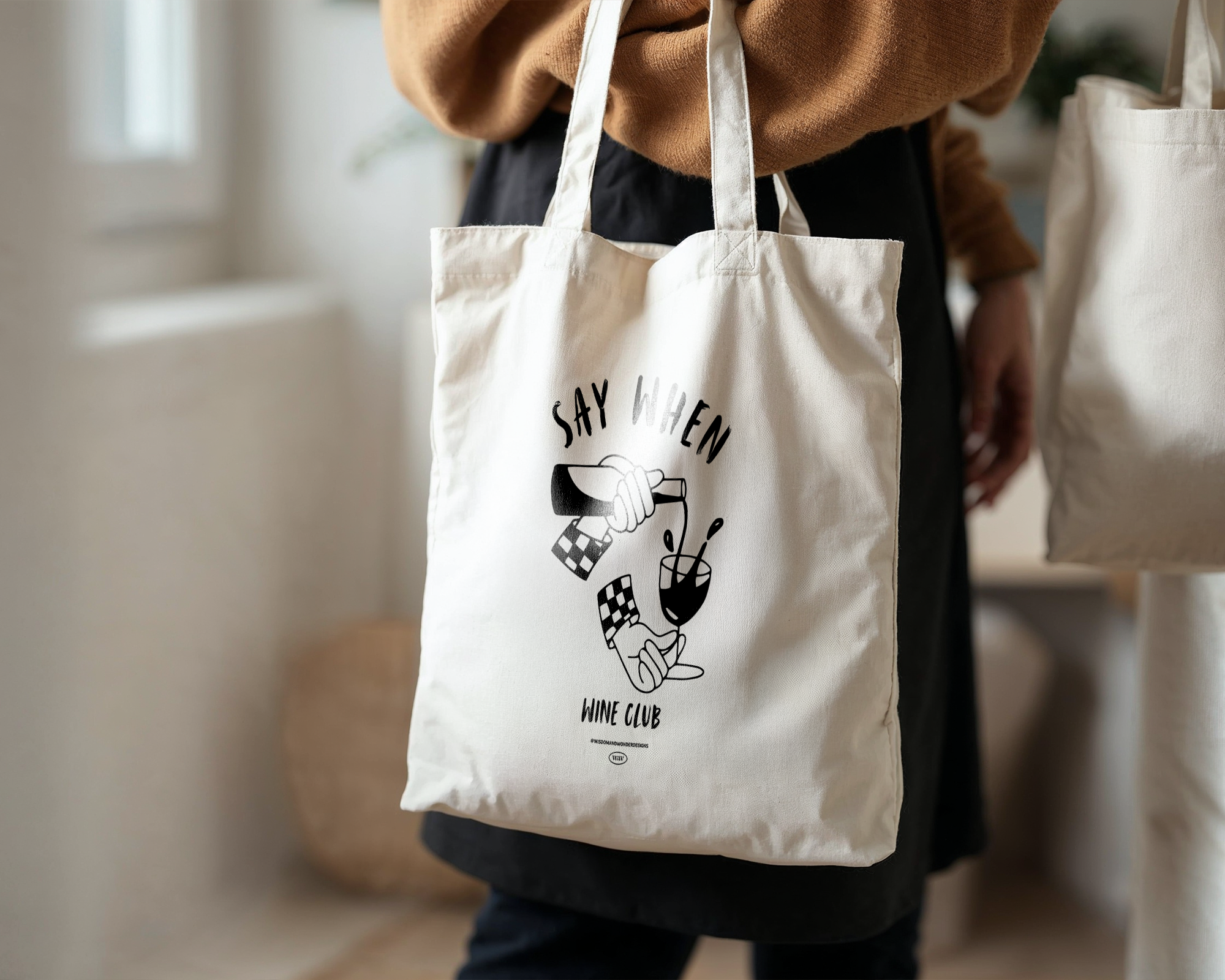 Say When Wine Club | Natural & Black | Organic Cotton Tote Bag for wholesale on Faire2