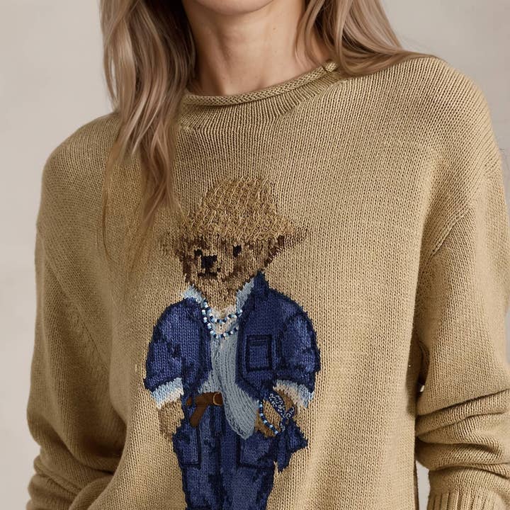Rolled Crew Neck Teddy Bear Embroidery Sweater for wholesale by BELLISSIMA FASHION