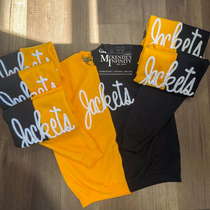 Custom Split Color Chenille Yarn Embroidered Crewneck for wholesale by McKenzie’s Infinity LLC